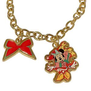 Disney Minnie Mouse Christmas Charm Bracelet Gold Tone 7-8" Mickey Signed Charms